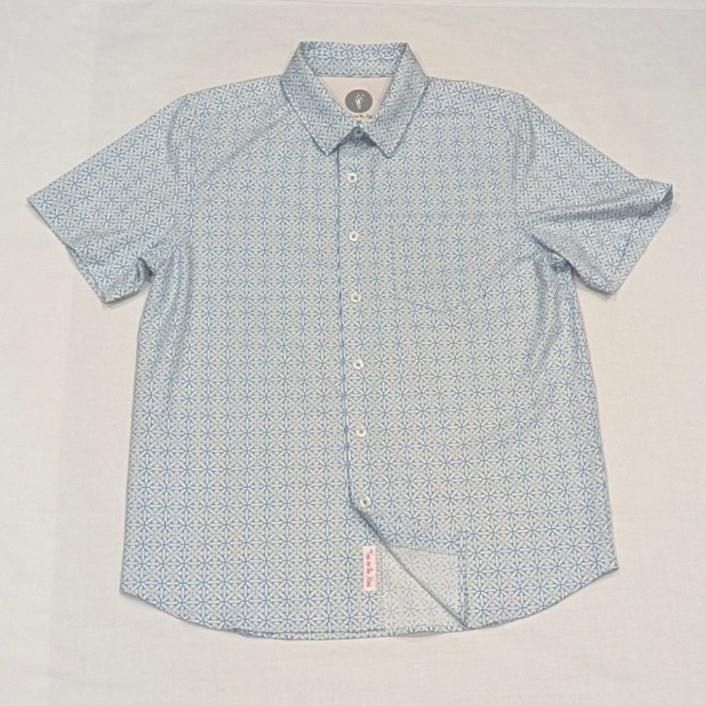 Toes on the Nose Mens Medium Blue Geometric Performance Short Sleeve Button Down